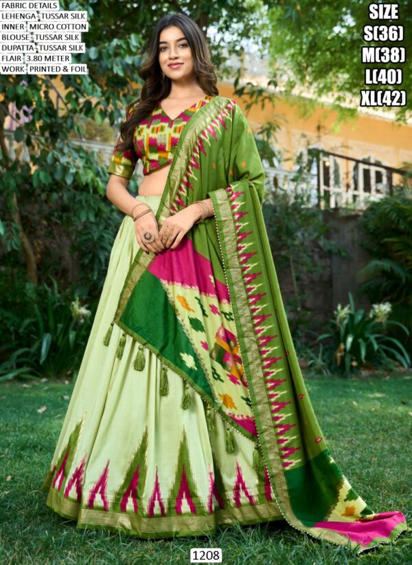 Our Printed And Foil Worked Combination Tussar Silk Stitched Lehenga Choli