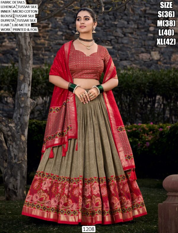 Our Printed And Foil Worked Combination Tussar Silk Stitched Lehenga Choli
