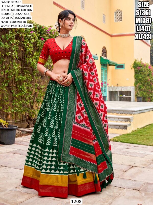Our Printed And Foil Worked Combination Tussar Silk Stitched Lehenga Choli