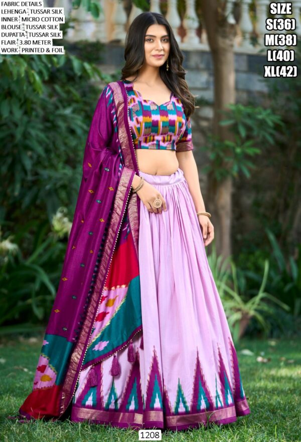 Our Printed And Foil Worked Combination Tussar Silk Stitched Lehenga Choli