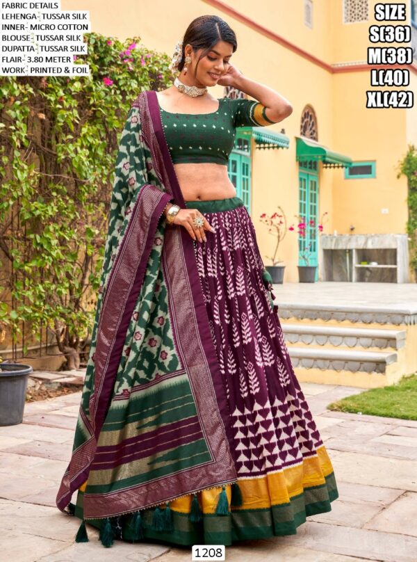 Our Printed And Foil Worked Combination Tussar Silk Stitched Lehenga Choli