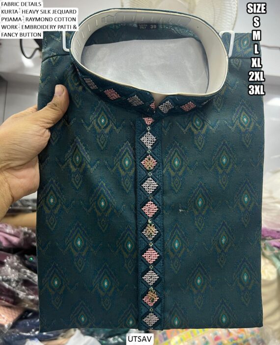 Breathtaking Heavy Silk Jacquard Embroidered Kurta And Pyjama For Men