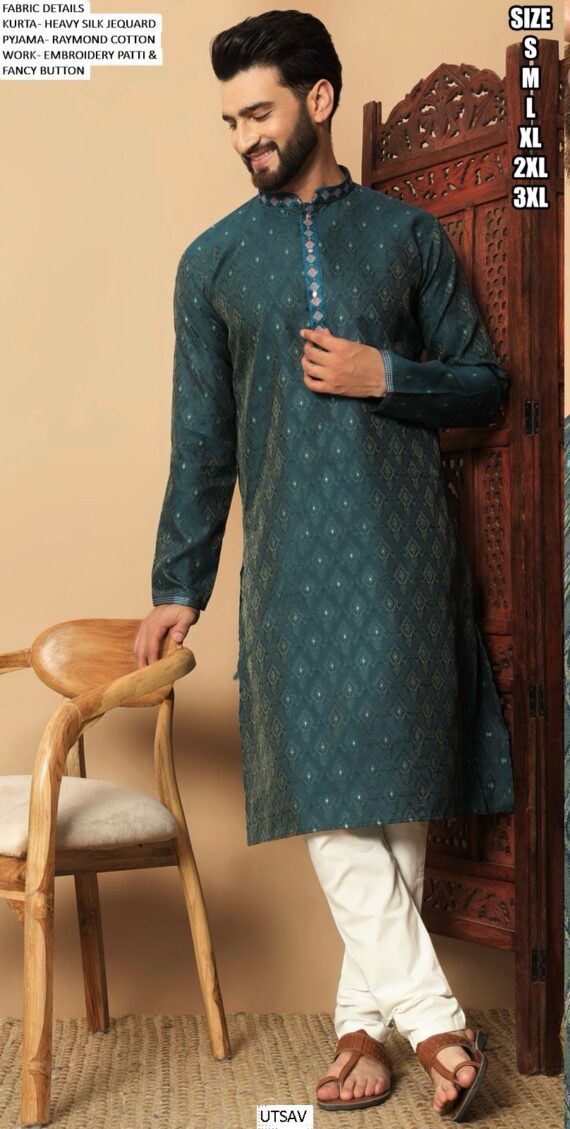 Breathtaking Heavy Silk Jacquard Embroidered Kurta And Pyjama For Men