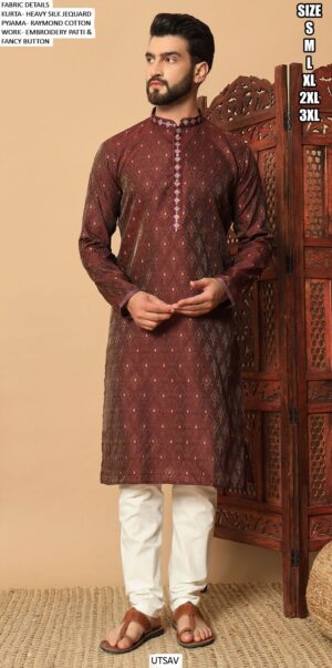 Breathtaking Heavy Silk Jacquard Embroidered Kurta And Pyjama For Men