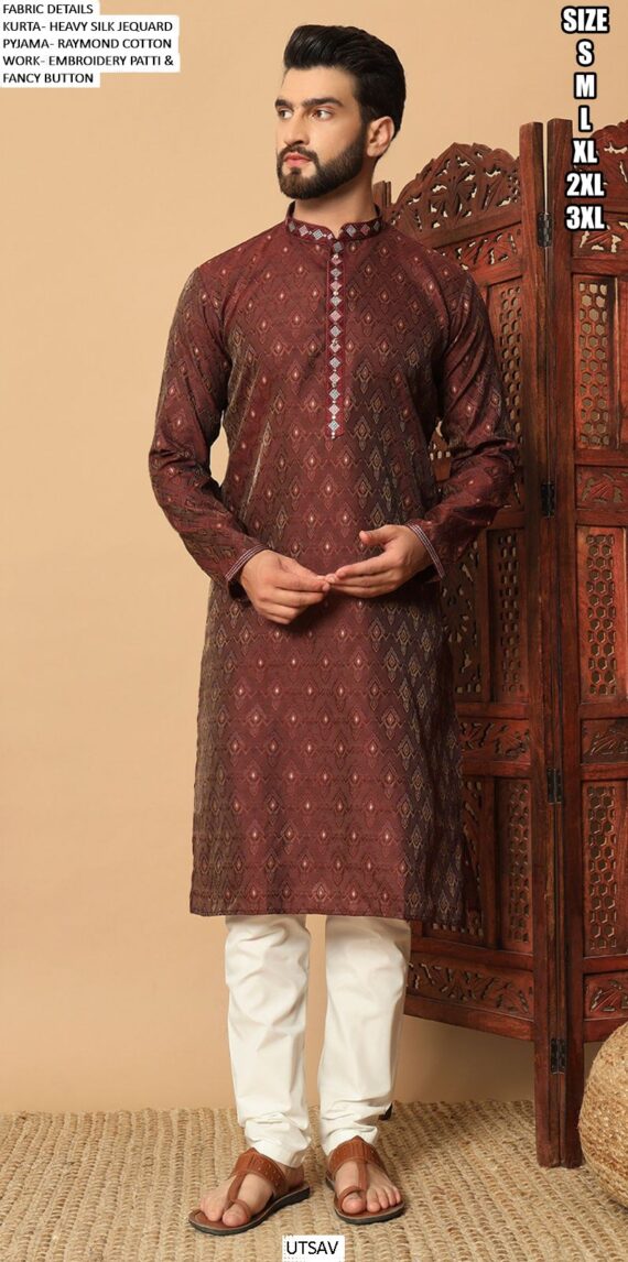 Breathtaking Heavy Silk Jacquard Embroidered Kurta And Pyjama For Men