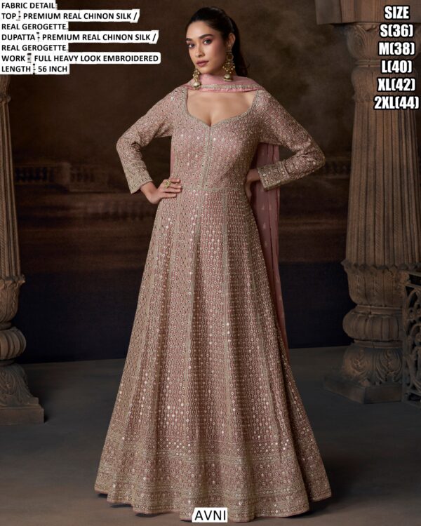 Graceful Embroidery Premium Real Chinon Silk Long Anarkali Gowns For Weddings