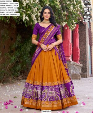 Steal Everyone’s Heart And Attention By Wearing This Amazing Tussar Silk Patola Printed Lehenga Choli