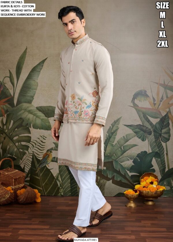 Men's Cotton Thread And Sequins Embroidery Worked Koti With Kurta Collection