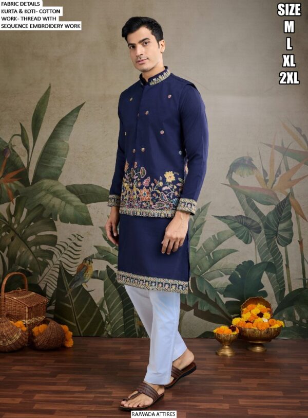 Men's Cotton Thread And Sequins Embroidery Worked Koti With Kurta Collection