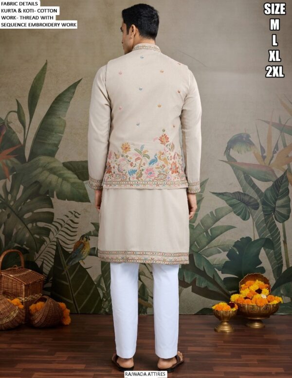 Men's Cotton Thread And Sequins Embroidery Worked Koti With Kurta Collection