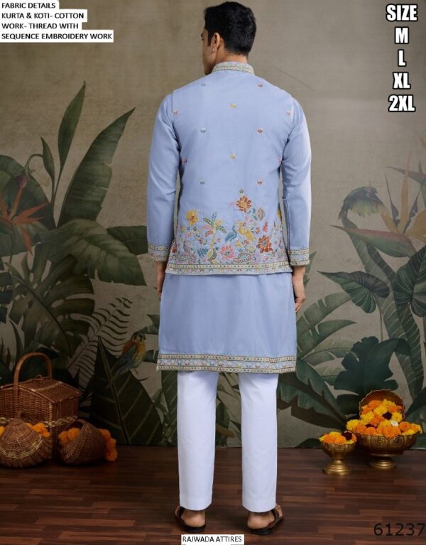 Men's Cotton Thread And Sequins Embroidery Worked Koti With Kurta Collection