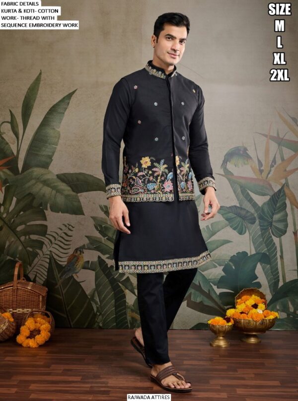 Men's Cotton Thread And Sequins Embroidery Worked Koti With Kurta Collection