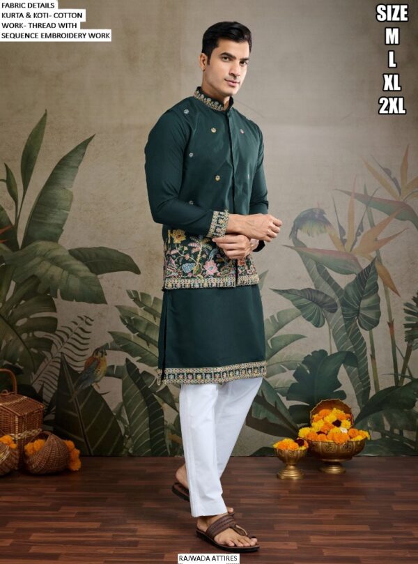 Men's Cotton Thread And Sequins Embroidery Worked Koti With Kurta Collection