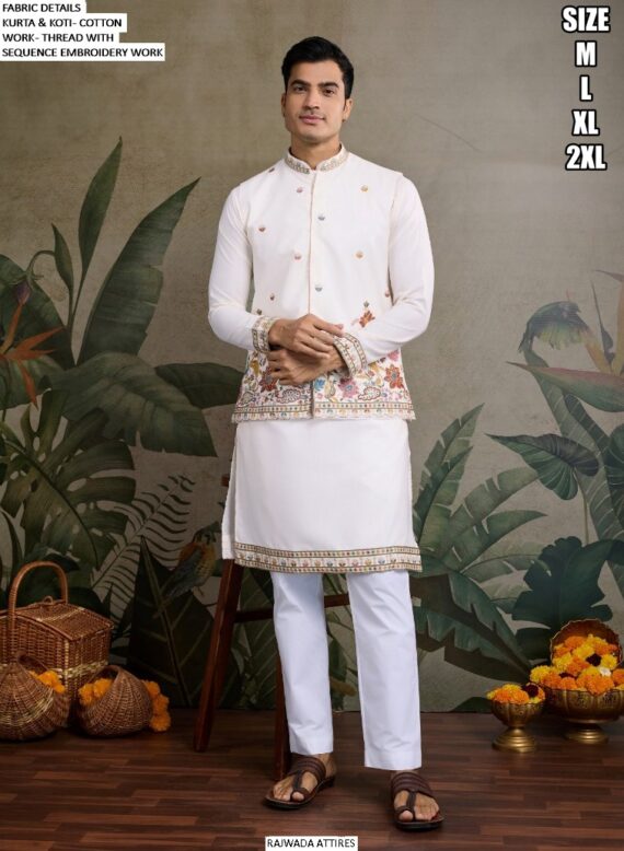 Men's Cotton Thread And Sequins Embroidery Worked Koti With Kurta Collection