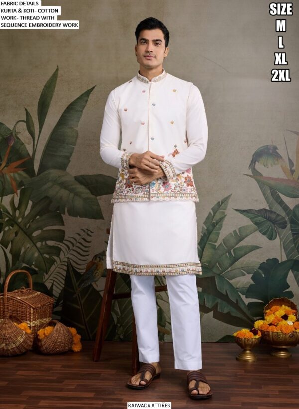 Men's Cotton Thread And Sequins Embroidery Worked Koti With Kurta Collection