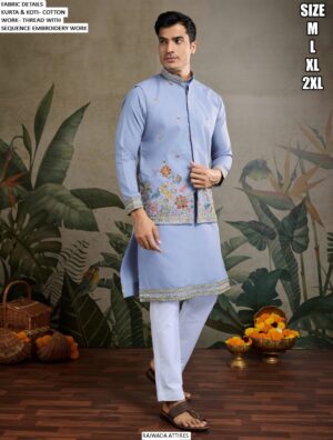 Men's Cotton Thread And Sequins Embroidery Worked Koti With Kurta Collection