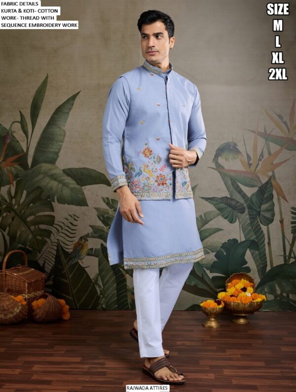 Men's Cotton Thread And Sequins Embroidery Worked Koti With Kurta Collection