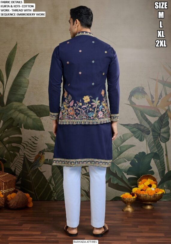 Men's Cotton Thread And Sequins Embroidery Worked Koti With Kurta Collection