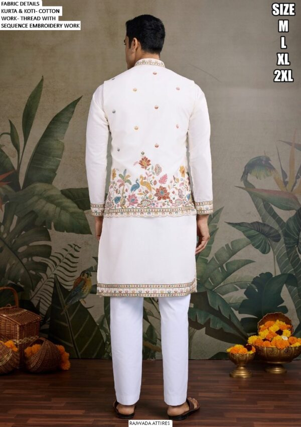 Men's Cotton Thread And Sequins Embroidery Worked Koti With Kurta Collection