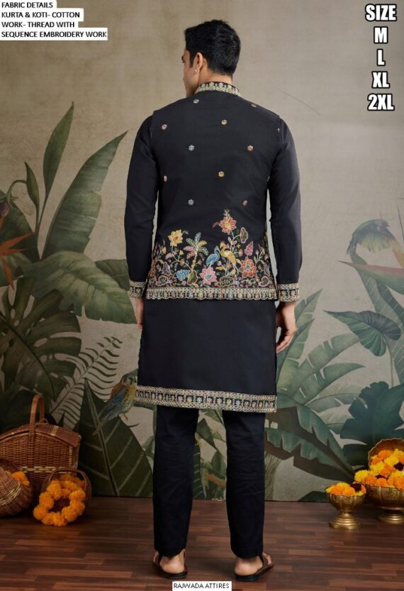 Men's Cotton Thread And Sequins Embroidery Worked Koti With Kurta Collection