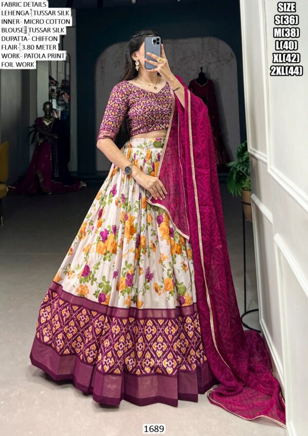 Vibrant Tussar Silk Lehenga Choli Set - Floral Bliss With Patola Print Work