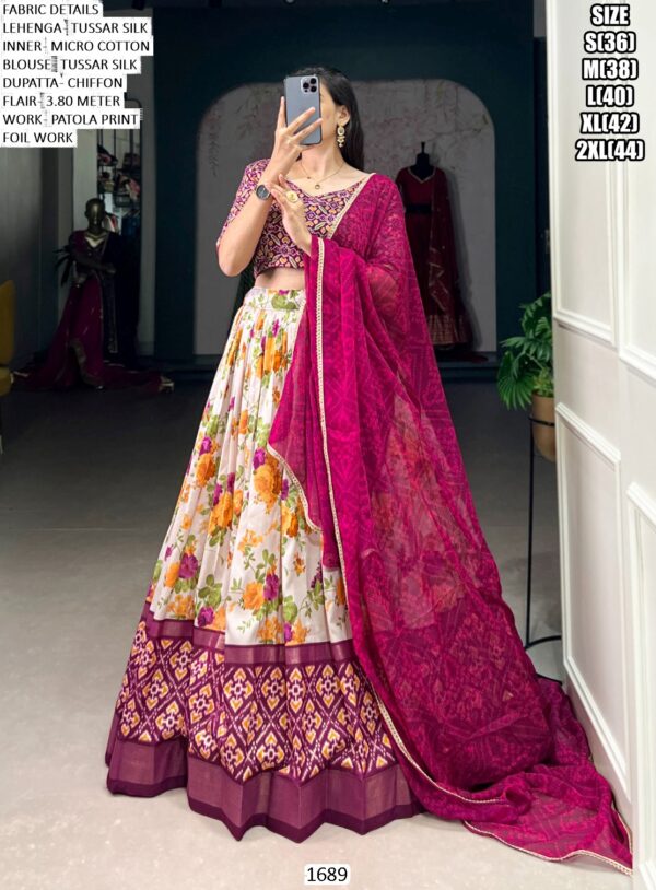 Vibrant Tussar Silk Lehenga Choli Set - Floral Bliss With Patola Print Work