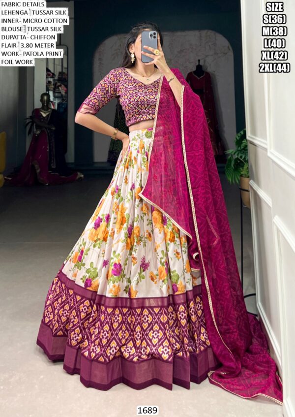 Vibrant Tussar Silk Lehenga Choli Set - Floral Bliss With Patola Print Work