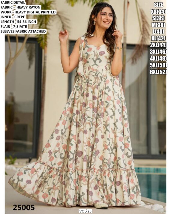 Beach Wear Rayon Heavy Digital Printed Flowy Gown Dresses For Womens