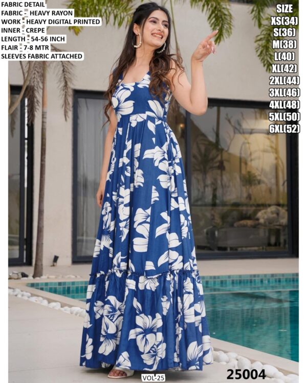 Beach Wear Rayon Heavy Digital Printed Flowy Gown Dresses For Womens