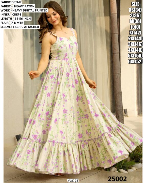 Beach Wear Rayon Heavy Digital Printed Flowy Gown Dresses For Womens