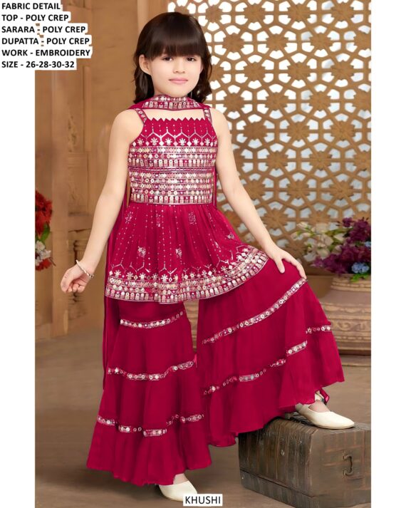 Embroidery Designer Kids' Sharara Outfit With Matching Top And Dupatta