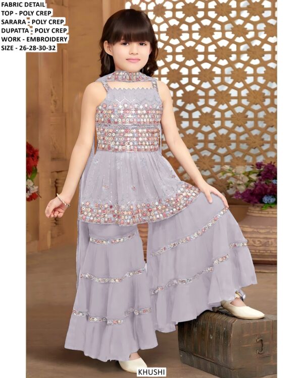 Embroidery Designer Kids' Sharara Outfit With Matching Top And Dupatta