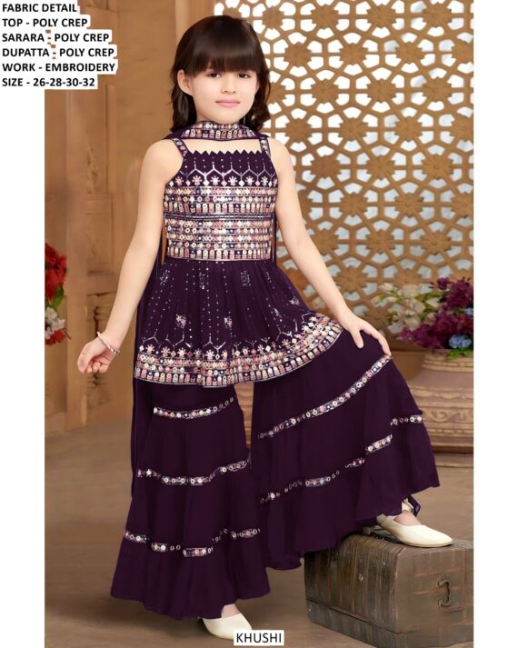 Embroidery Designer Kids' Sharara Outfit With Matching Top And Dupatta