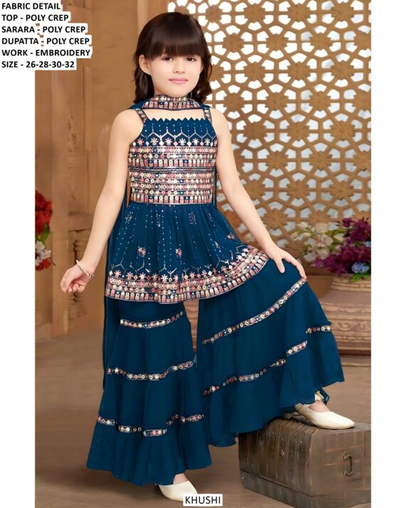 Embroidery Designer Kids' Sharara Outfit With Matching Top And Dupatta