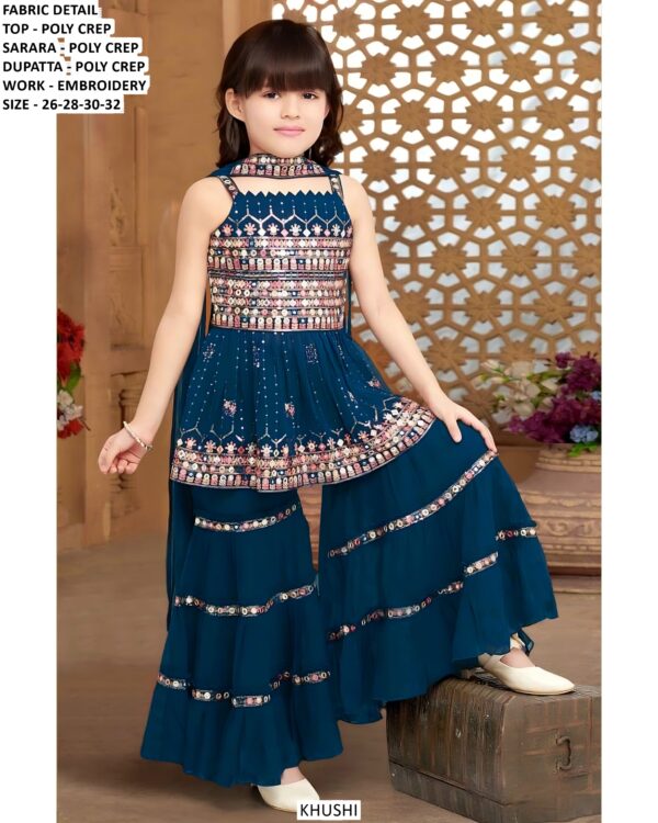 Embroidery Designer Kids' Sharara Outfit With Matching Top And Dupatta