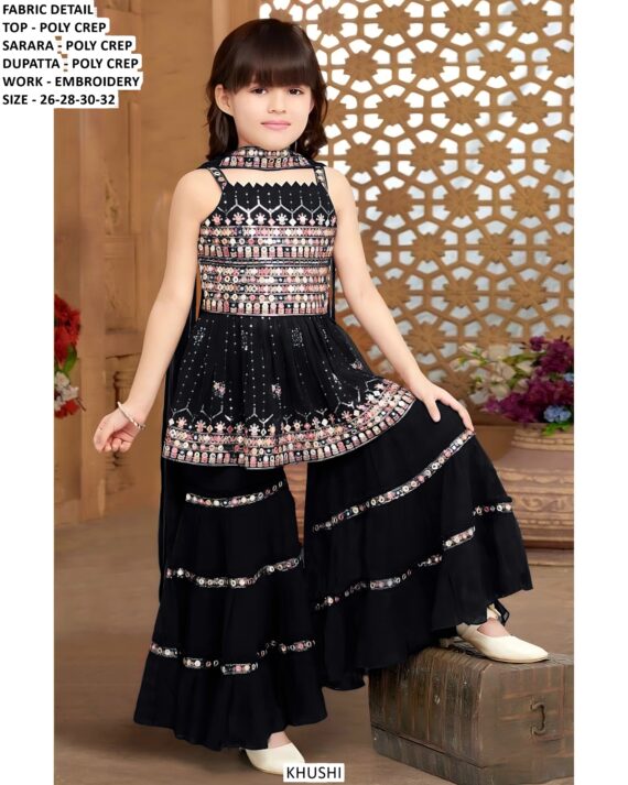 Embroidery Designer Kids' Sharara Outfit With Matching Top And Dupatta