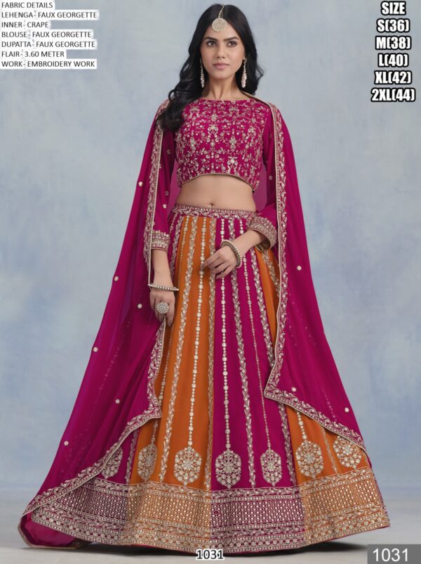 Appealing Orange And Pink Coloured Faux Georgette Embroidered Lehenga Choli