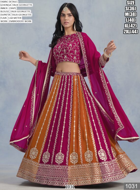 Appealing Orange And Pink Coloured Faux Georgette Embroidered Lehenga Choli