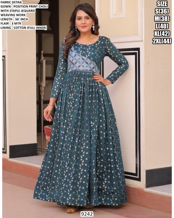 Position Print Full Stitched Jacquard Weaving Party Wear Gown For Womens