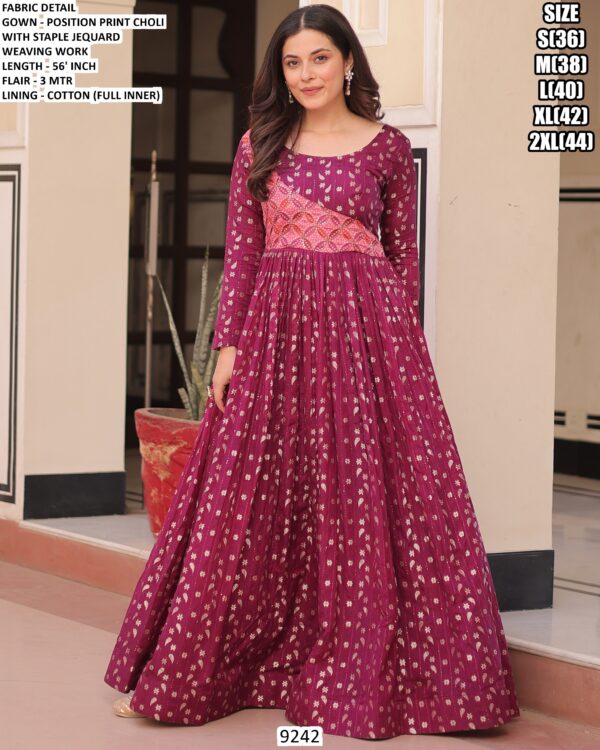 Position Print Full Stitched Jacquard Weaving Party Wear Gown For Womens