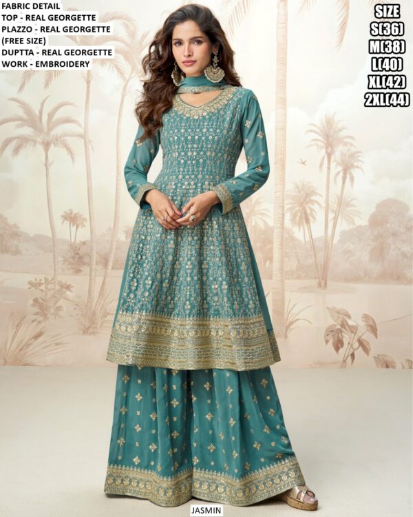 Buy Now! Real Georgette Embroidery Embellished Plazo Style Salwar Suits