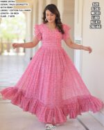 Casual Wear Fit And Flare Floral Printed Baby Pink Georgette Gown Dress