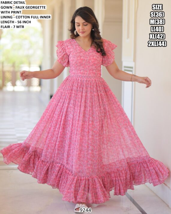 Casual Wear Fit And Flare Floral Printed Baby Pink Georgette Gown Dress