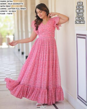 Casual Wear Fit And Flare Floral Printed Baby Pink Georgette Gown Dress