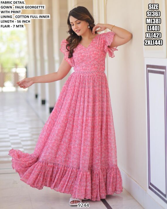 Casual Wear Fit And Flare Floral Printed Baby Pink Georgette Gown Dress