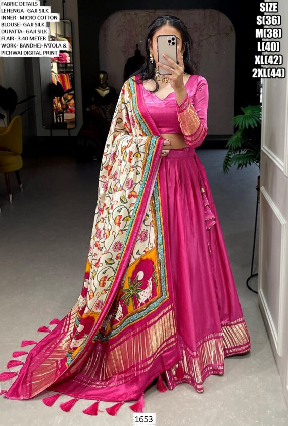 Lagdi Patta Gaji Silk Lehenga Choli With Bandhej-Patola And Pichwai Printed Dupatta