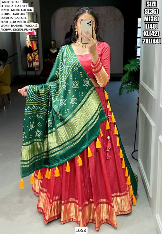 Lagdi Patta Gaji Silk Lehenga Choli With Bandhej-Patola And Pichwai Printed Dupatta