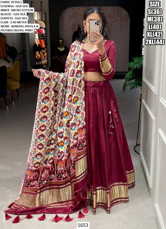Lagdi Patta Gaji Silk Lehenga Choli With Bandhej-Patola And Pichwai Printed Dupatta
