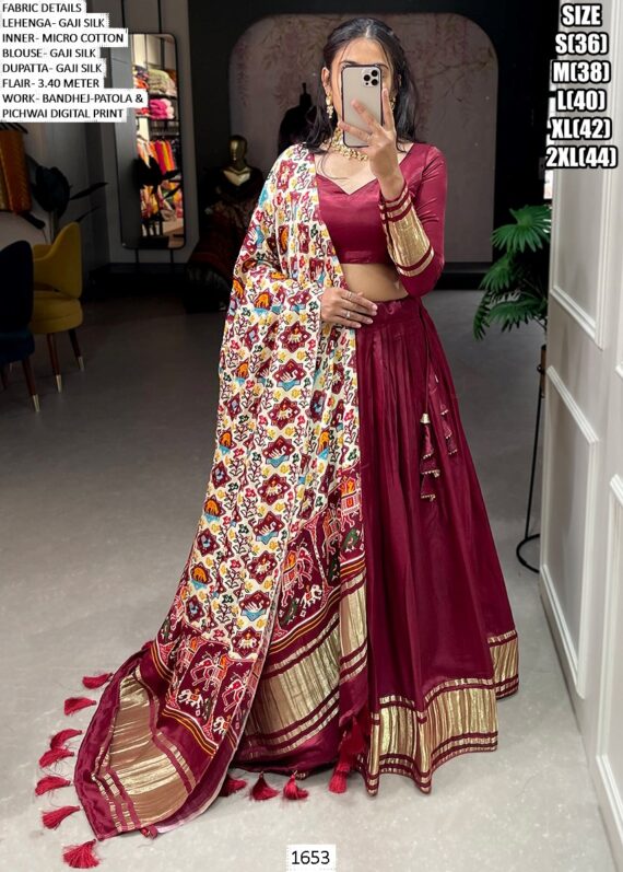 Lagdi Patta Gaji Silk Lehenga Choli With Bandhej-Patola And Pichwai Printed Dupatta