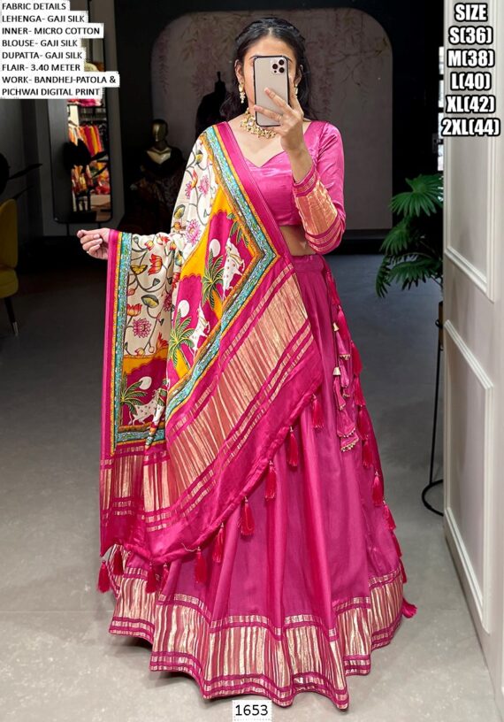 Lagdi Patta Gaji Silk Lehenga Choli With Bandhej-Patola And Pichwai Printed Dupatta